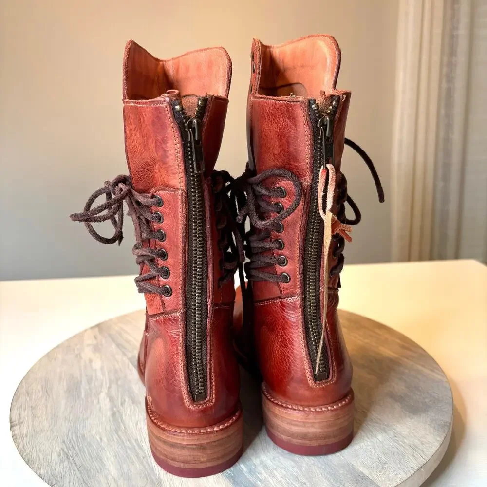 BED STU Fen Women's Leather Lace Up Combat Boots Studded Cognac Brown US 7 NWT